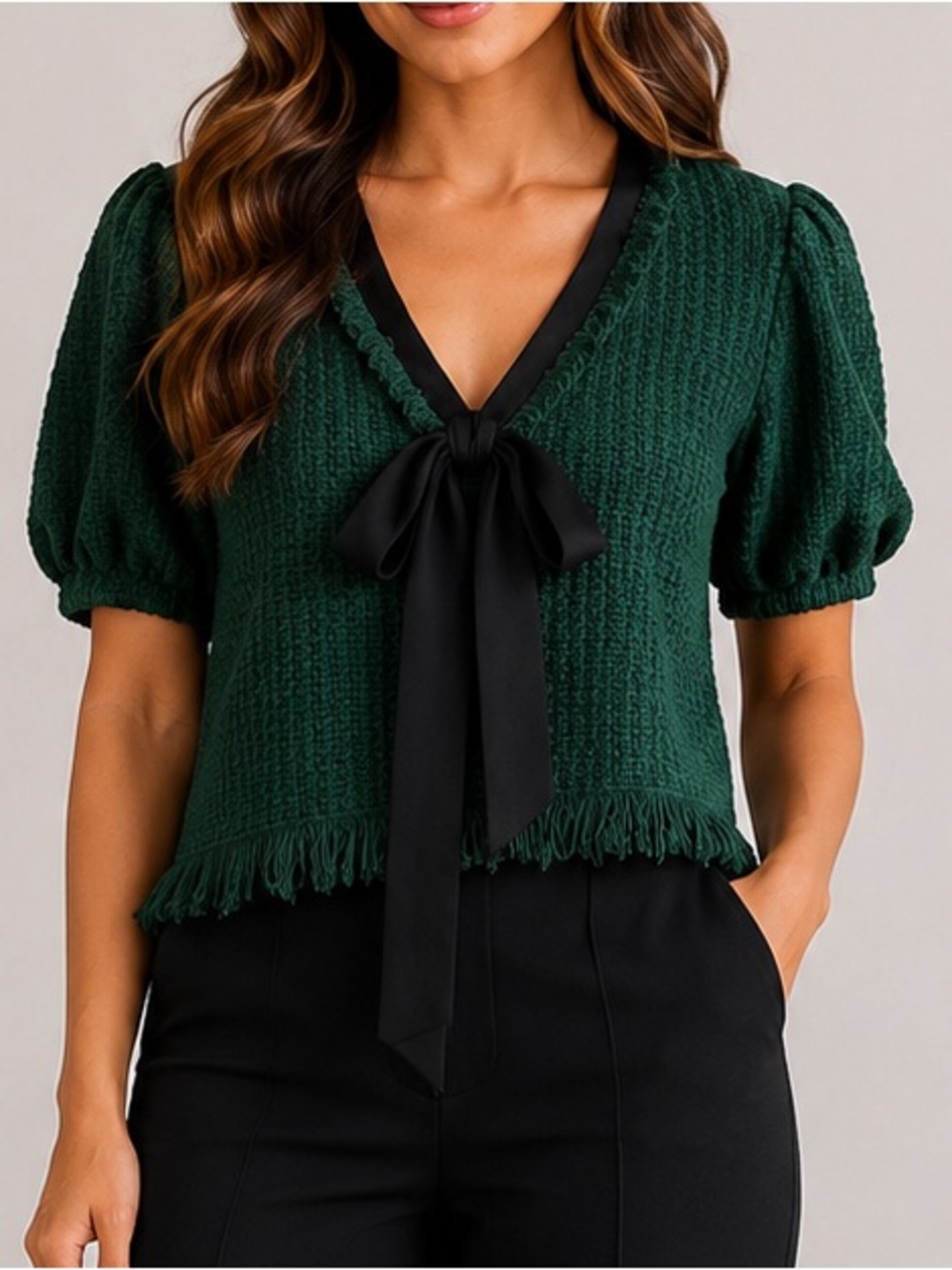 Zara Trafaluc Collection Textured Fringe Bow Top Blouse Green Size S